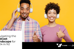 Podcast Trends: Two young adults smiling at the camera, wearing white studio headphones and giving thumbs up, representing optimism in the 2024 podcasting trends article from Springfield's experts.
