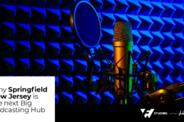 New Jersey Podcast: Microphone in a soundproof podcast room with acoustic panels.